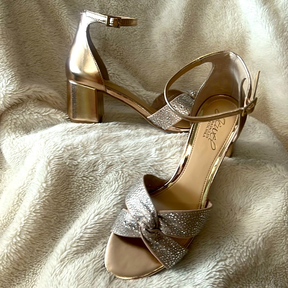 Badgley Mischka ‘Jewel’ Rose Gold Metalic Rhinestone Encrusted Block Heels